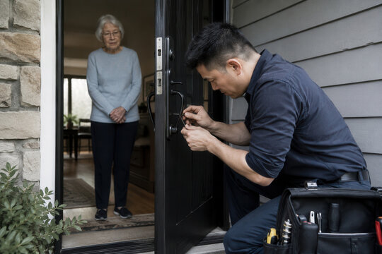 A locksmith works on a front door lock at the entrance while an elderly woman stands inside watching. Tool bag sits on the porch beside the technician.