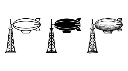 Collection of three dirigible icons moored to tall masts, presented in outline, solid, and hand-drawn sketch illustration styles © BestFren