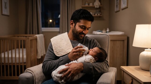 South Asian father bottle-feeds newborn in a quiet nursery armchair