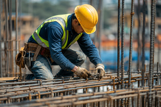 Ironworker kneeling on a reinforced concrete structure and assembling a dense rebar cage by hand, surrounded by vertical steel bars at an active building site.