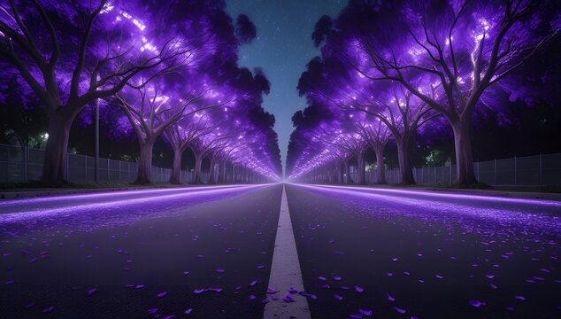 Dramatic lightning storm over empty urban boulevard at night