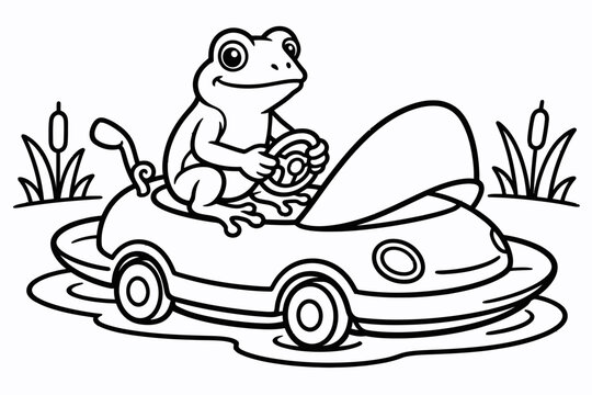 Cute cartoon frog driving a small car coloring page for kids.