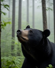 Naklejka premium A asiatic black bear in a shadow bound forest