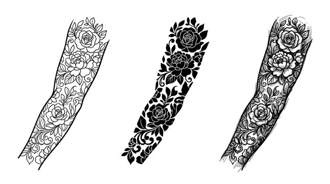 Three ornate floral sleeve tattoos featuring roses and leaves