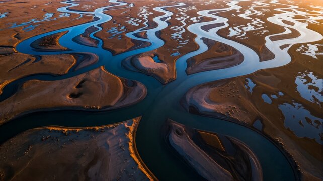 Aerial View of Braided Rivers and Wetlands at Sunset