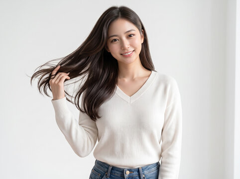 Vネックニットを着て長い髪を指で摘み笑顔を見せる女性
