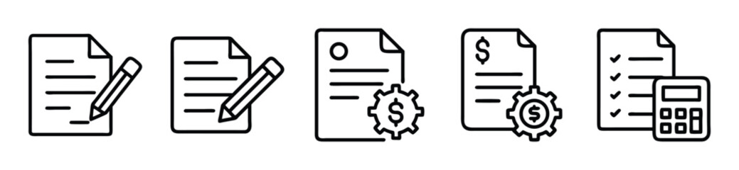 Fototapeta premium Minimalist business document icons, financial contract and invoice line art set, 5 vector icons for accounting and legal paperwork
