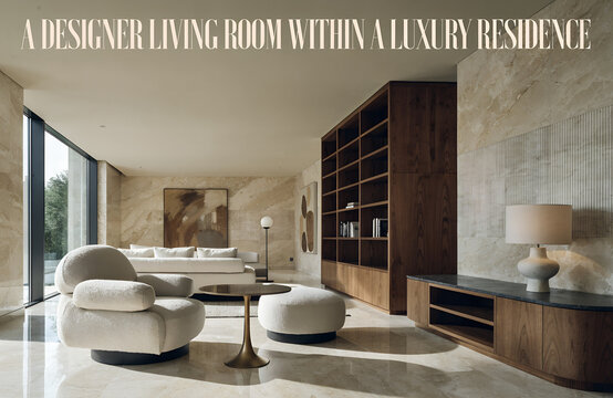 Stylish Real Estate Banner showcasing designer luxury living room with floor to ceiling windows contemporary furniture abstract art and exclusive elegant residence interior design generated ai