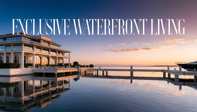 Elegant Real Estate Banner showcasing luxurious waterfront property with modern architecture yacht dock sunset reflection and exclusive coastal lifestyle design generated ai