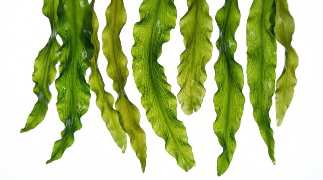 Fresh green kelp seaweed fronds hanging vertically on white background with biological ingredient vegetable nutrition isolation tropical with natural