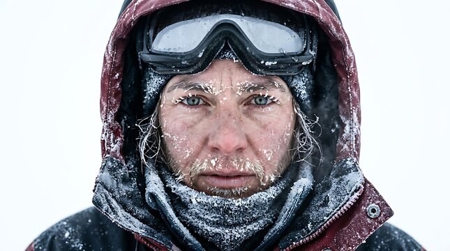 Close-up portrait of a winter mountaineer with face covered in snow and ice