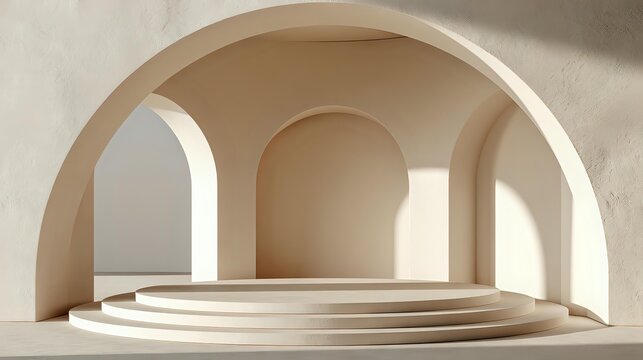 Soft ivory plaster architecture enclosing circular display platform with subtle curved shadows premium editorial background balanced daylight exceptional realism