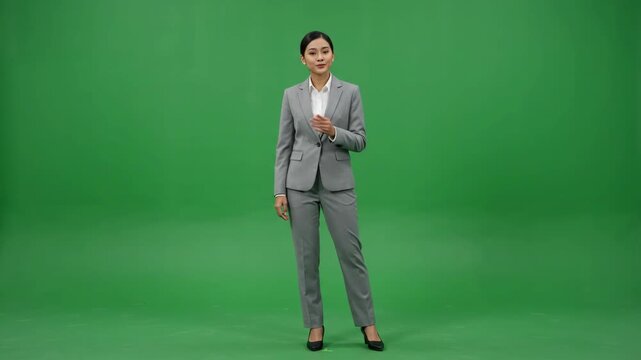 Professional Asian businesswoman in a suit standing and talking on a green screen background.