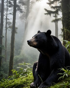 An iron toned asiatic black bear in a sun pierced cloud forest