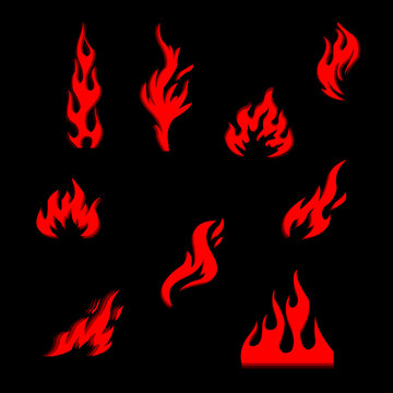 Red Fire Flame Icon Collection with Hand Drawn Burning Flame Shapes