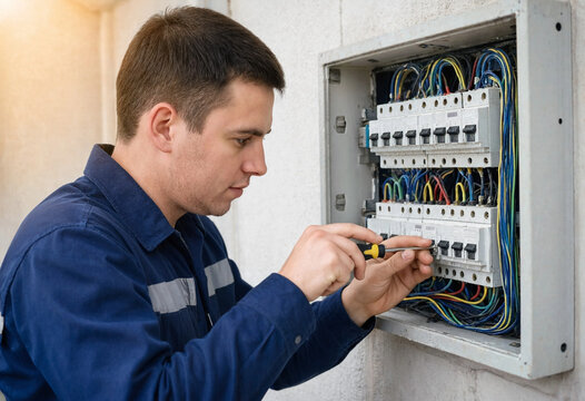 Electrician works on a wall-mounted electrical distribution panel, using a screwdriver to adjust circuit breakers amid organized wiring and colored cables.