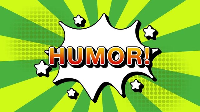 Humor text word lettering popup comic cartoon reveal with bomb and smoke explosion manga anime book page dots with radial speed lines doodle green  background with seamless loop animation retro clip
