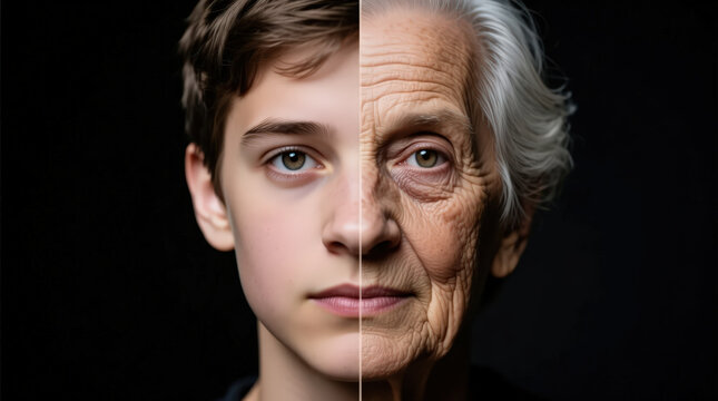 Conceptual portrait showing young and old age woman split face comparison.