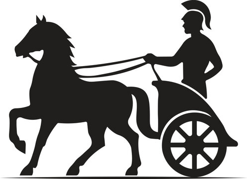 Ancient Roman Warrior Riding Chariot Vector Silhouette. Greek Gladiator Charioteer with Horse Silhouette Vector