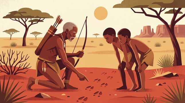 Namibian San Bushman teaching tracking skills to children in desert landscape