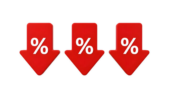 Red discount arrows with percent symbols, three downward pointing sale icons, price drop and financial reduction graphics