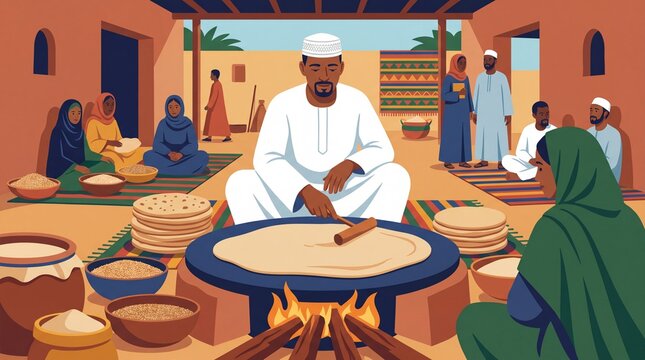 Man preparing traditional kisra bread in Sudanese kitchen with community gathering