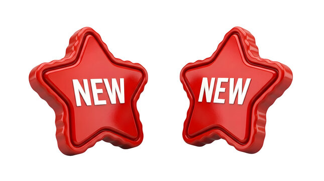 Red star badges with new text, glossy 3D star icons for retail promotion, shiny plastic stickers for marketing