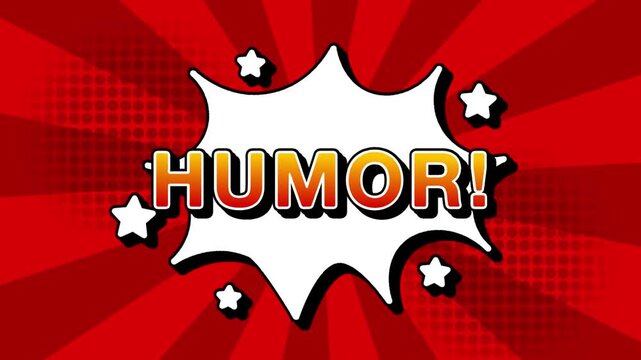 Humor text word lettering popup comic cartoon reveal with bomb and smoke explosion manga anime book page dots with radial speed lines doodle red background with seamless loop animation retro clip