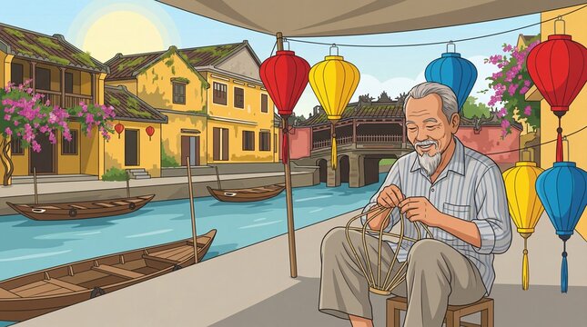 Elderly man crafting traditional lanterns by the river in Hoi An for cultural heritage