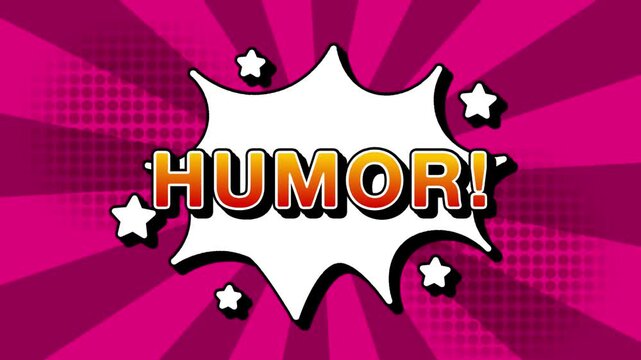 Humor text word lettering popup comic cartoon reveal with bomb and smoke explosion manga anime book page dots with radial speed lines doodle pink  background with seamless loop animation retro clip