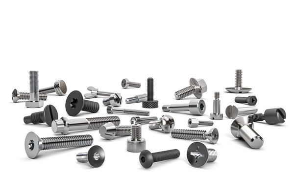 Various metal fasteners including screws and bolts 3d