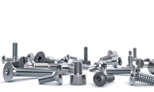 3d steel screws and bolts on white background