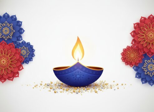 A glowing blue diya oil lamp with flame surrounded by colorful floral mandala patterns for diwali celebration