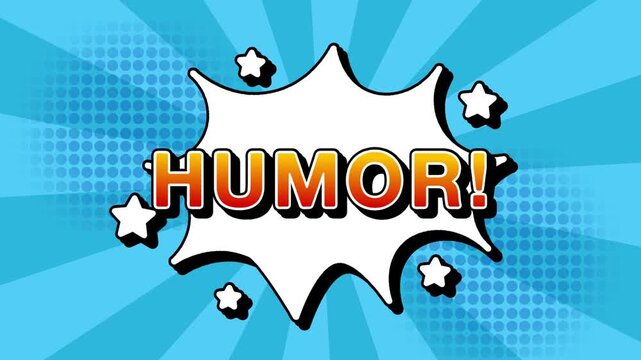 Humor text word lettering popup comic cartoon reveal with bomb and smoke explosion manga anime book page dots with radial speed lines doodle sky blue background with seamless loop animation retro clip