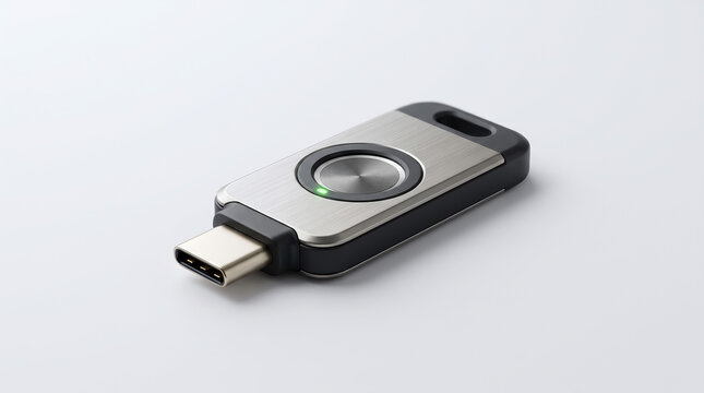 Modern usb type c flash drive featuring brushed silver metal casing with glowing green indicator light resting isolated on clean white background captured in sharp focus with high resolution detail