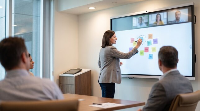 Smartboard brainstorm facilitator circling key points in hybrid meeting room