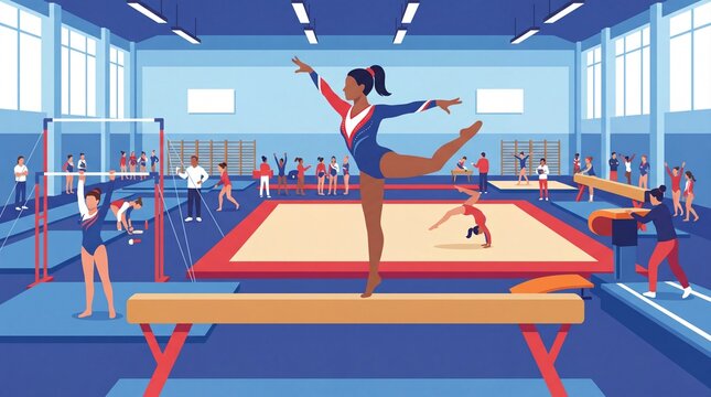 Female gymnast performing on balance beam in competitive gymnastics training environment