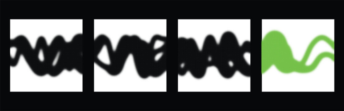 Abstract wave lines in black and bright green halftone dot patterns set Vector