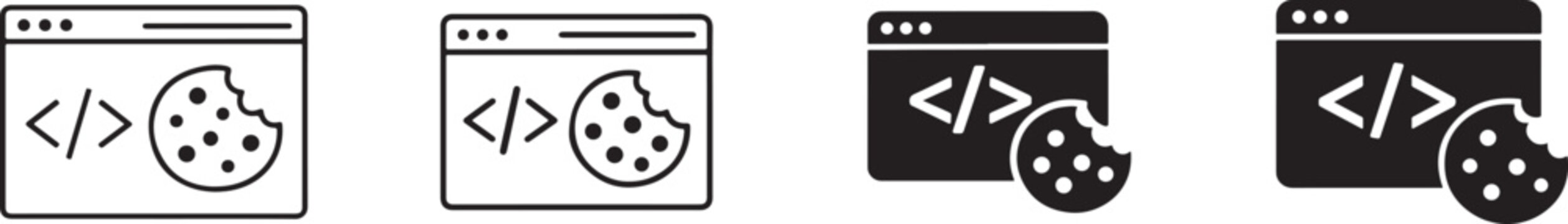 Cookie management icons in black and white styles for privacy, consent, settings, site security apps.
