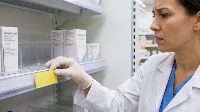 Yellow backorder tag placed on empty pharmacy shelf by technician