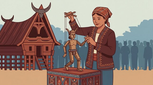 Woman performing traditional Batak Toba Sigale Gale puppet show outdoors