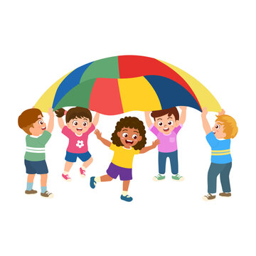 Group of children playing a colorful parachute. Occupational therapy social activity play for kids developmental. Vector illustration.