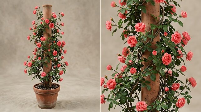 A beautiful rosenranke plant with pink climbing roses spiraling up a tall terracotta pole in a matching clay flower pot against a neutral background