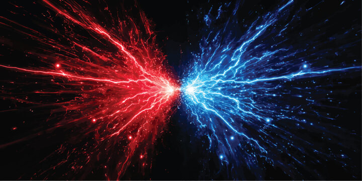 Red and blue lightning bolts clashing from opposite sides in a dramatic cosmic collision concept with lightning collision electric opposition abstract background universe explosion dramatic