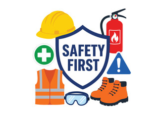Naklejka premium Safety First Workplace Protection Equipment Vector Illustration with PPE Set, Construction Helmet, Fire Extinguisher, Safety Vest, Protective Boots, Gogles, First Aid and Warning Sign