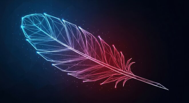 Glowing neon feather illustration with digital blue and red light lines illustration