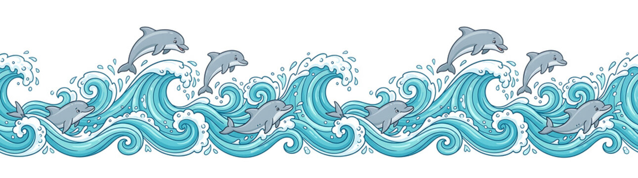 Playful dolphins leaping through vibrant blue ocean waves in a seamless cartoon border pattern