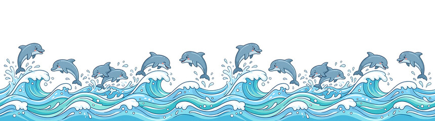 Fototapeta premium Cute cartoon dolphins leaping over dynamic blue ocean waves. playful marine wildlife illustration