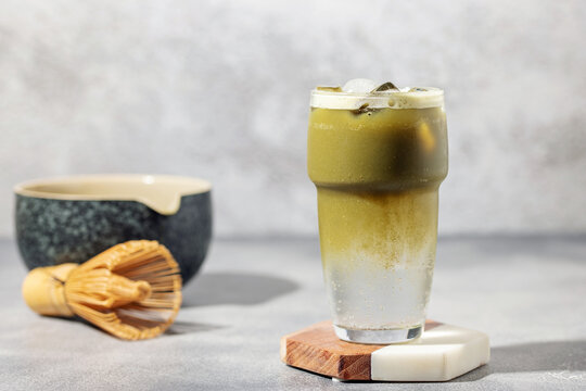 Matcha tonic. Trendy coffee and tea drink in glass