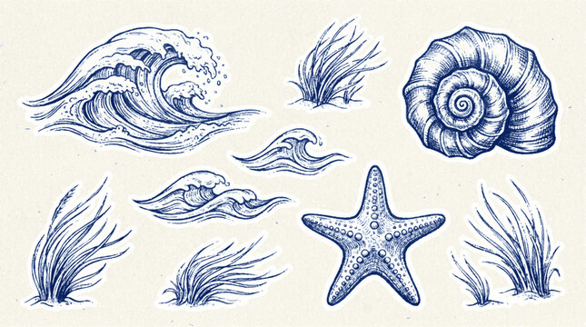Hand drawn marine life collection featuring seashells starfish and ocean waves set on textured paper background with vector illustrations